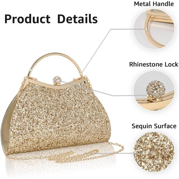 Women's Gold Chain Strap Fashionable Shoulder Sparkly Evening Clutch Bag - Picture 2 of 7